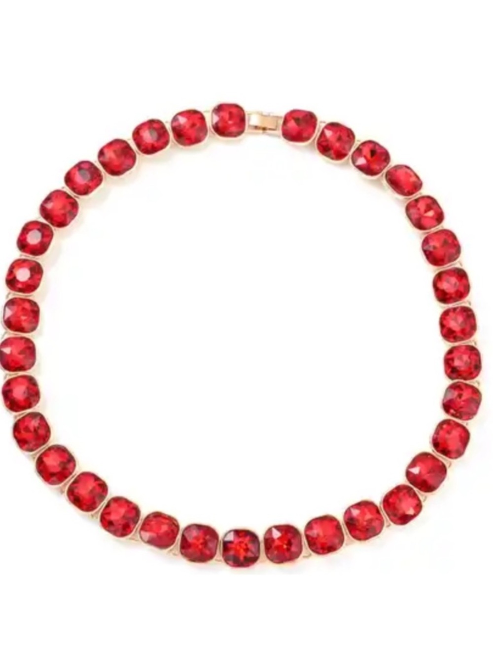Simulated Red Sapphire Tennis Necklace 20 Inches in Goldtone